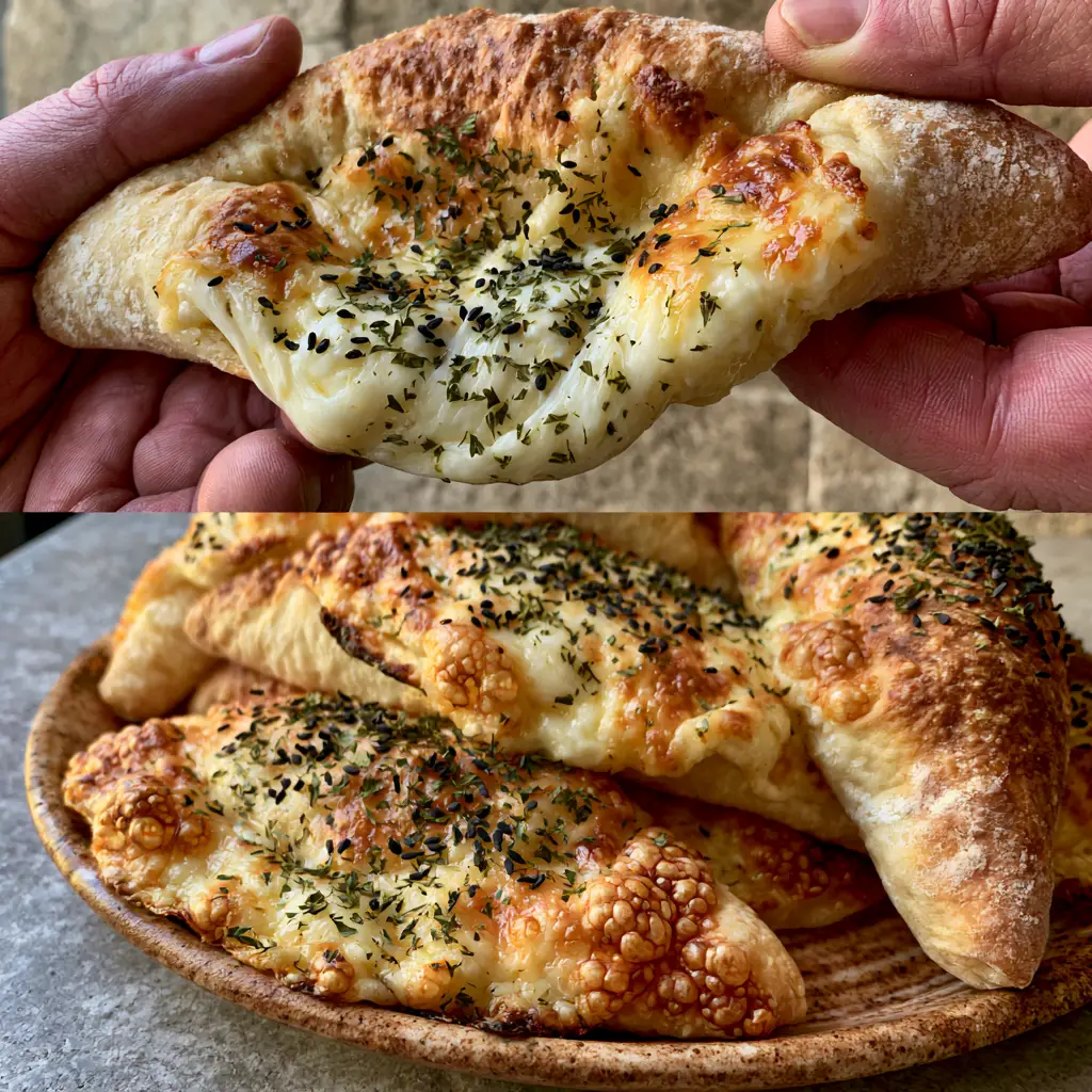 Close-up of a hand pulling apart a Cheese Fatayer with molten white cheese and black nigella seeds.