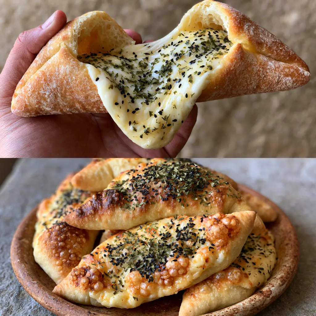 A pile of golden-brown Cheese Fatayers on a rustic ceramic plate with charred edges and nigella seeds.
