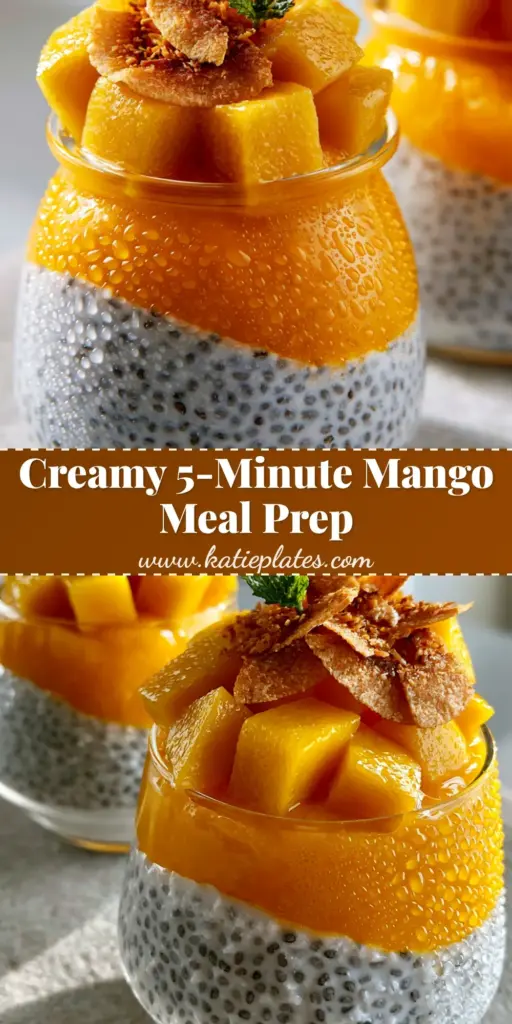 Mango Coconut Chia Pudding: A Creamy Tropical Layered Masterpiece 4 A close-up shot of two layered Mango Coconut Chia Pudding jars with fresh mango chunks and toasted coconut on top.