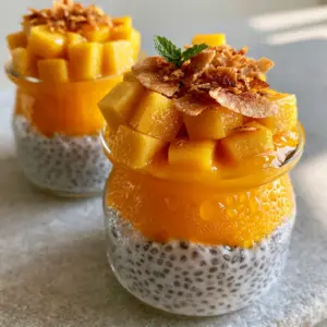 Slightly high-angle shot of two elegant jars filled with creamy white Mango Coconut Chia Pudding and vibrant orange puree layers.