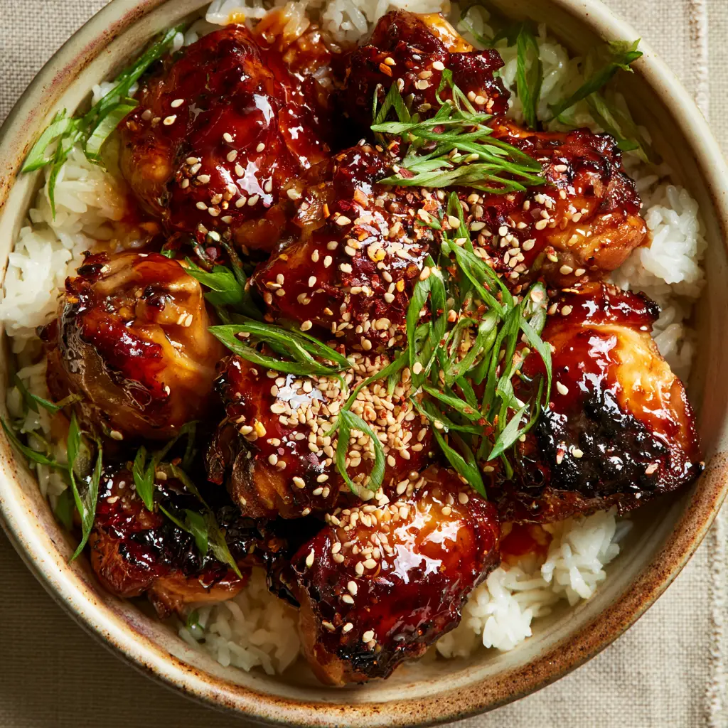 Teriyaki Chicken: The Ultimate Glossy Pan-Seared Thighs over Jasmine Rice 2 Macro view of caramelized chicken thighs drenched in a thick dark amber teriyaki glaze with reflections and sesame seeds. (teriyaki chicken)