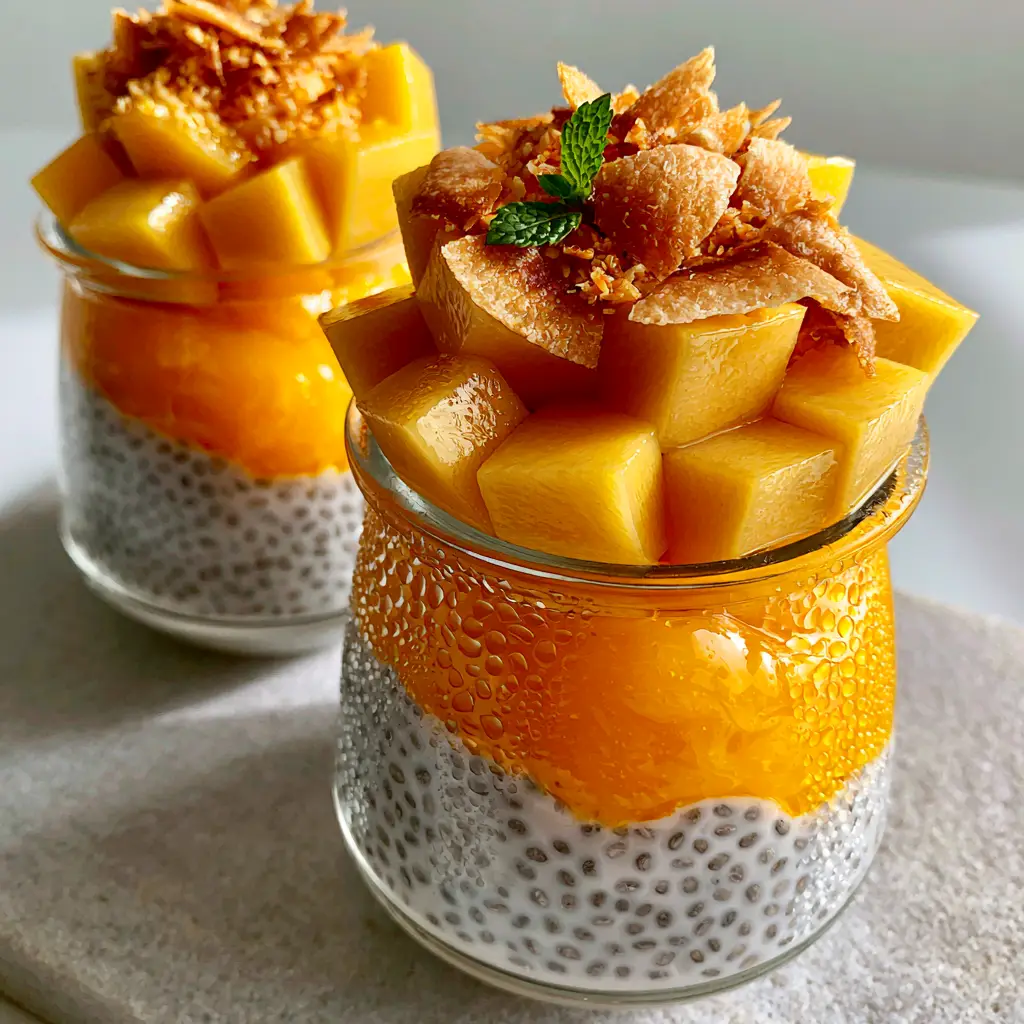 Mango Coconut Chia Pudding: A Creamy Tropical Layered Masterpiece 1 Detailed close-up of golden mango cubes and toasted coconut ribbons atop a Mango Coconut Chia Pudding.