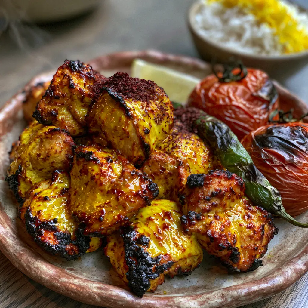 Top-down view of Persian Saffron Chicken, charred roma tomatoes, and a singed green chili pepper on a wooden table.