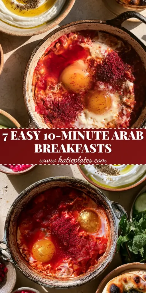 Arab Breakfast Recipes: The Ultimate Spread for a Slow Weekend Brunch 3 A top-down spread of Arab breakfast recipes featuring a cast iron skillet of Shakshuka, creamy labneh with zaatar, and mini manakish flatbreads.