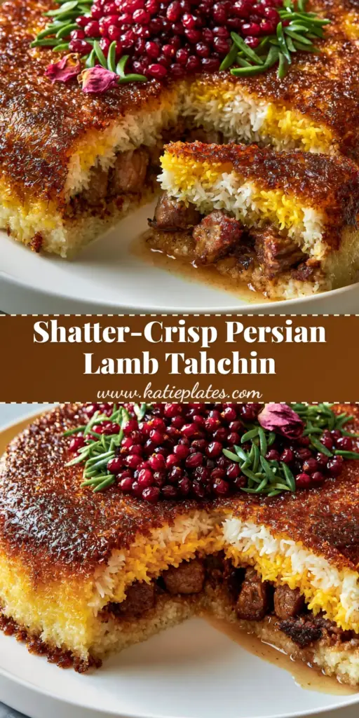 Persian Yogurt Rice with Lamb: The Ultimate Golden Saffron Tahchin 4 A stunning, handheld smartphone photo of a Persian Tahchin rice cake on a white platter featuring a thick, glass-like saffron rice crust. (Persian Yogurt Rice with Lamb)