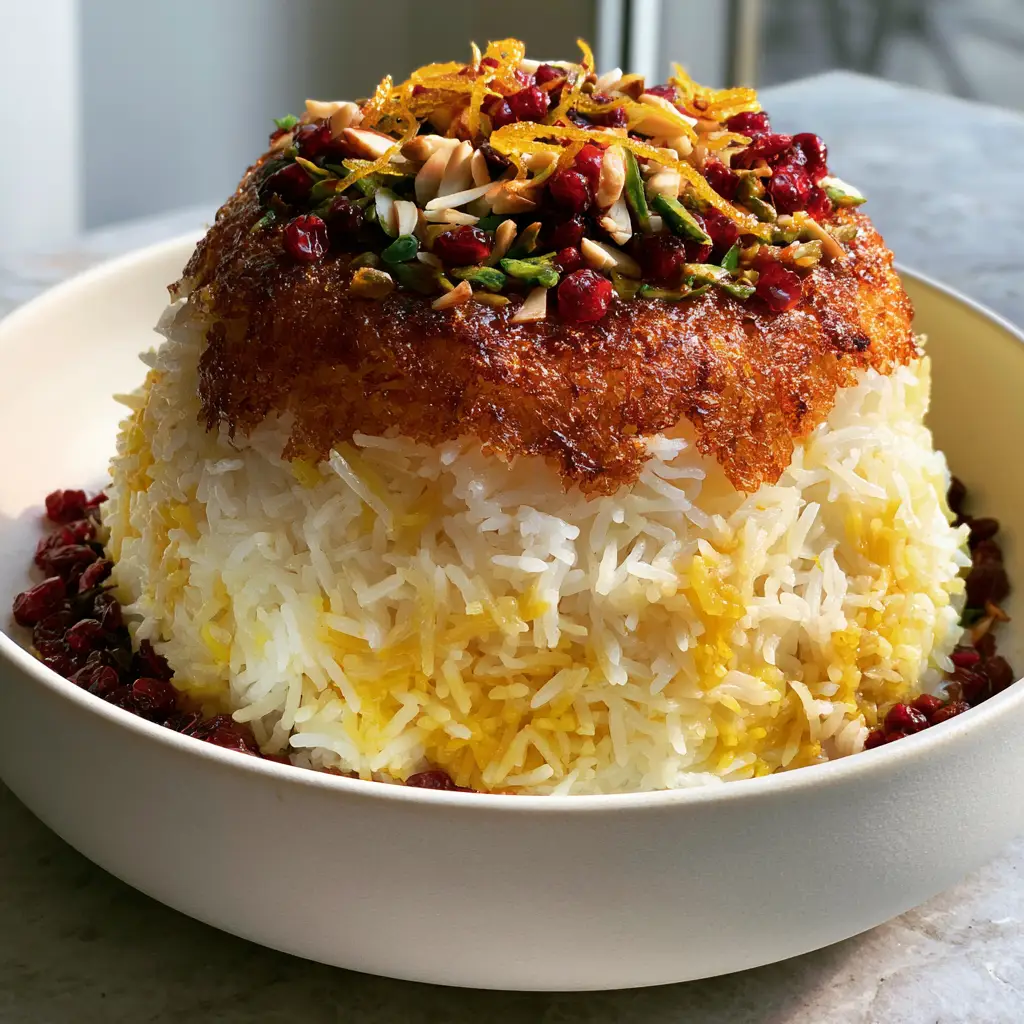 Persian Jeweled Rice with Crispy Potato Tahdig and Saffron 2 Close up profile of Persian Jeweled Rice grains showing a mix of white and saffron yellow rice with crispy jagged tahdig crust. (Persian Jeweled Rice)