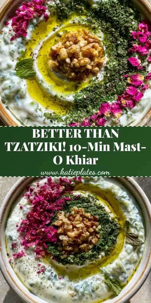 A stunning top-down view of Persian Mast-o Khiar in a ceramic bowl with rose petals, mint, and a golden olive oil swirl.