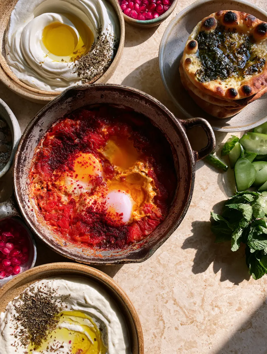 Arab Breakfast Recipes: The Ultimate Spread for a Slow Weekend Brunch 4 Overhead view of Shakshuka with runny yolks and sumac surrounded by labneh, cucumbers, and mint. (Arab breakfast recipes)