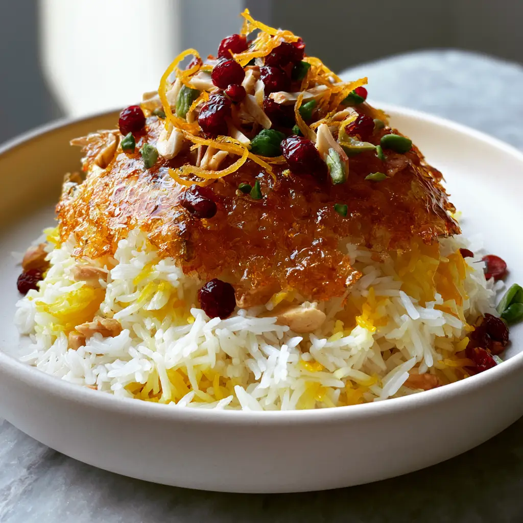 Persian Jeweled Rice with Crispy Potato Tahdig and Saffron 1 Side view of a mound of Persian Jeweled Rice topped with candied orange zest and barberries on a stone surface.