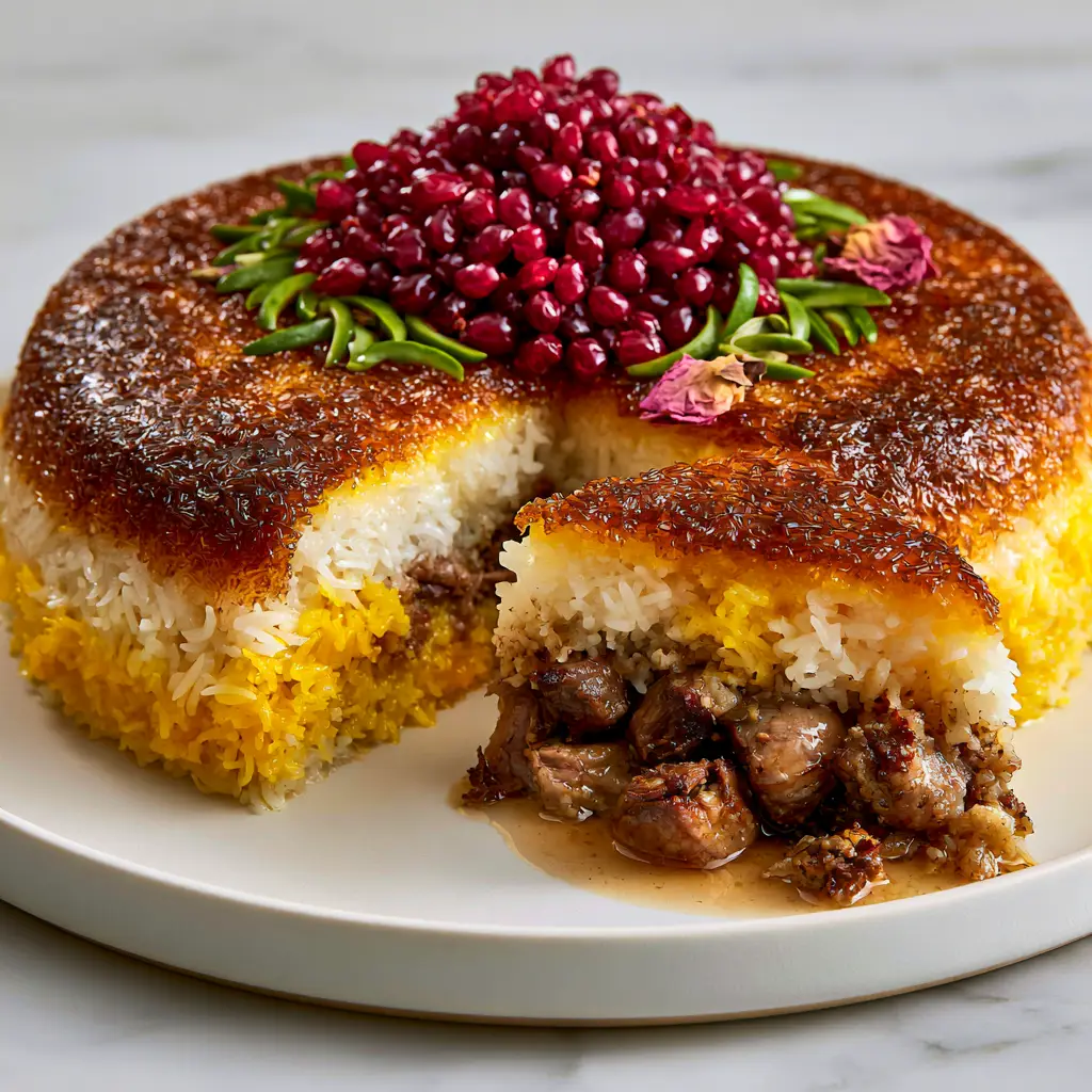 Persian Yogurt Rice with Lamb: The Ultimate Golden Saffron Tahchin 2 Close up overhead view of Persian Yogurt Rice with Lamb showing the deeply bronzed tahdig and vibrant barberry garnish. (Persian Yogurt Rice with Lamb)