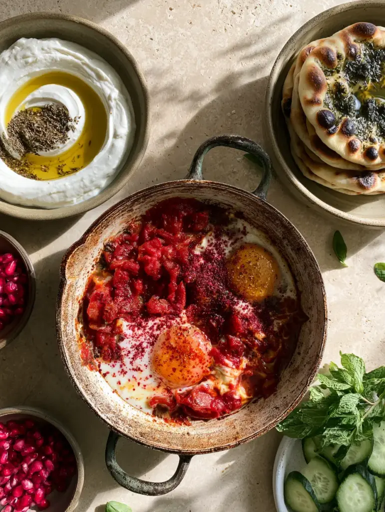 Arab Breakfast Recipes: The Ultimate Spread for a Slow Weekend Brunch 1 Close up of thick creamy labneh with an olive oil swirl and charred manakish flatbreads. (Arab breakfast recipes)