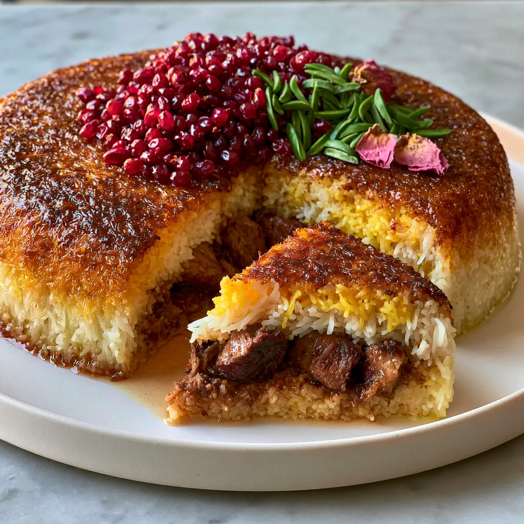 Persian Yogurt Rice with Lamb: The Ultimate Golden Saffron Tahchin 1 A triangular slice removed from the Persian Yogurt Rice with Lamb, revealing layers of fluffy rice and succulent braised lamb. (Persian Yogurt Rice with Lamb)