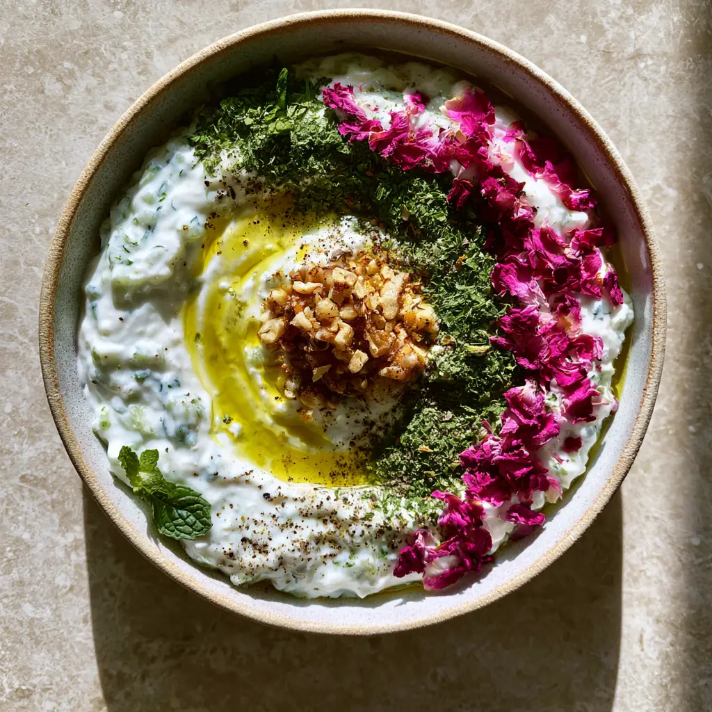 A professional food styled bowl of Mast-o Khiar with vibrant pink rose petals and emerald green mint flakes.