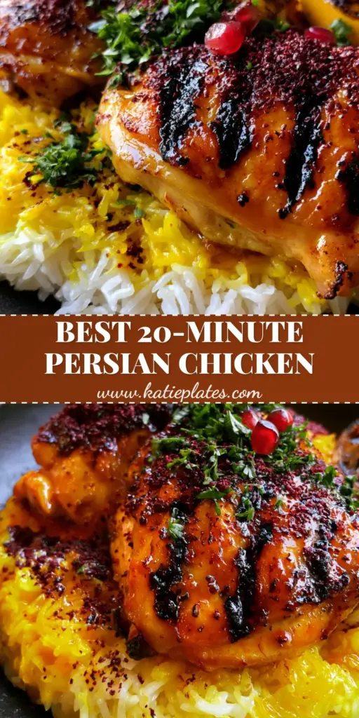 Persian Chicken with Saffron-Infused Basmati Rice and Pomegranate 4 A close-up of Persian chicken thighs with charred grill marks and a glistening saffron glaze served on fluffy yellow marbled rice with pomegranate seeds and sumac.