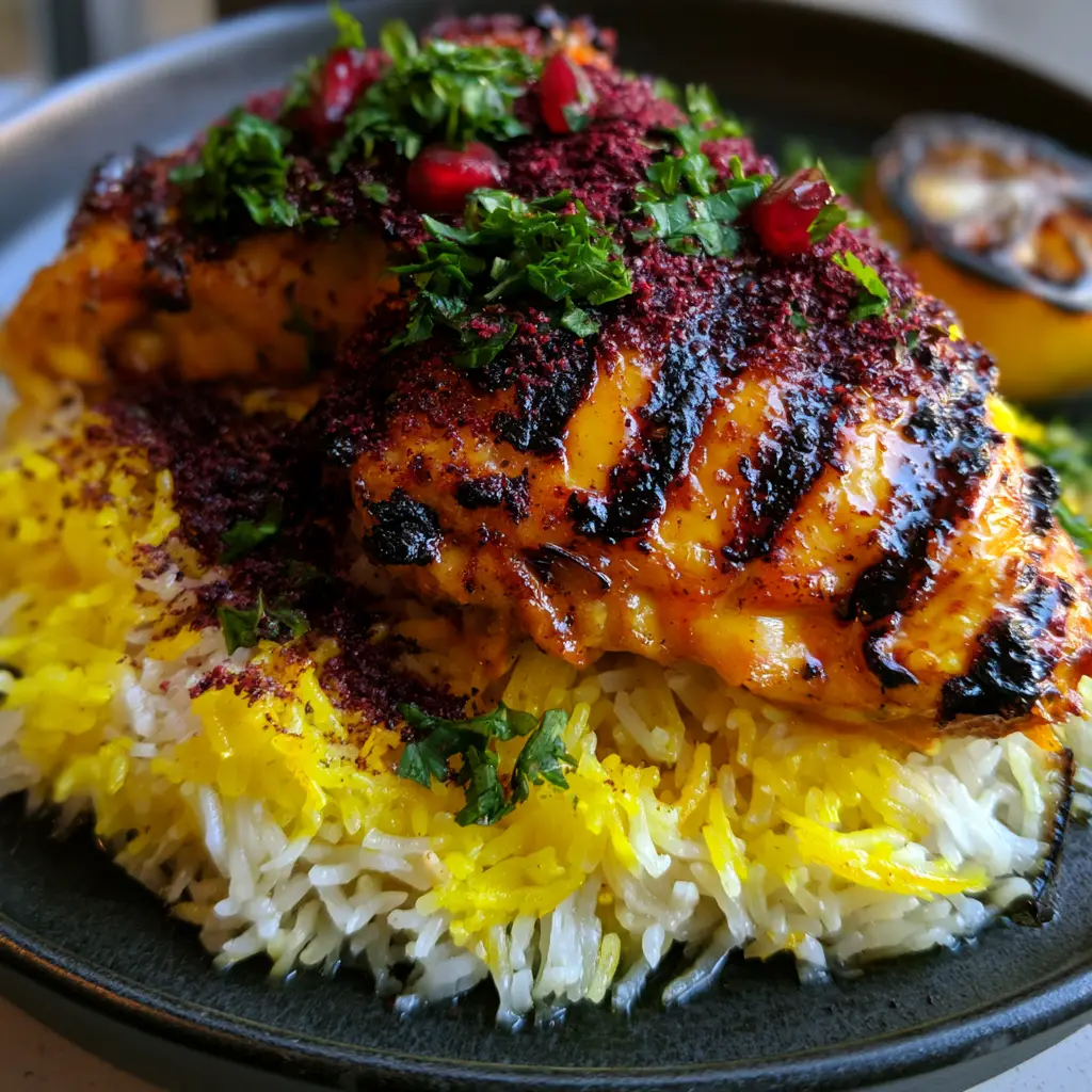 Persian Chicken with Saffron-Infused Basmati Rice and Pomegranate 2 High-angle smartphone photo of Persian chicken with golden saffron rice and bright red pomegranate arils on a black ceramic plate.