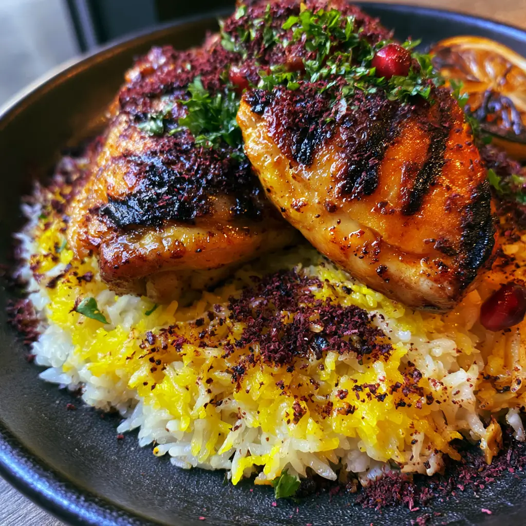 Persian Chicken with Saffron-Infused Basmati Rice and Pomegranate 1 Detailed close-up of charred grill marks on saffron-marinated chicken thighs garnished with sumac and parsley.