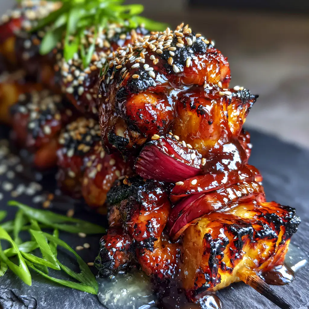 Hawaiian Teriyaki Chicken Kabobs with a Glossy Mahogany Glaze 1 Sidelit view of grilled Hawaiian teriyaki chicken kabobs with visible char marks and vibrant green onions.