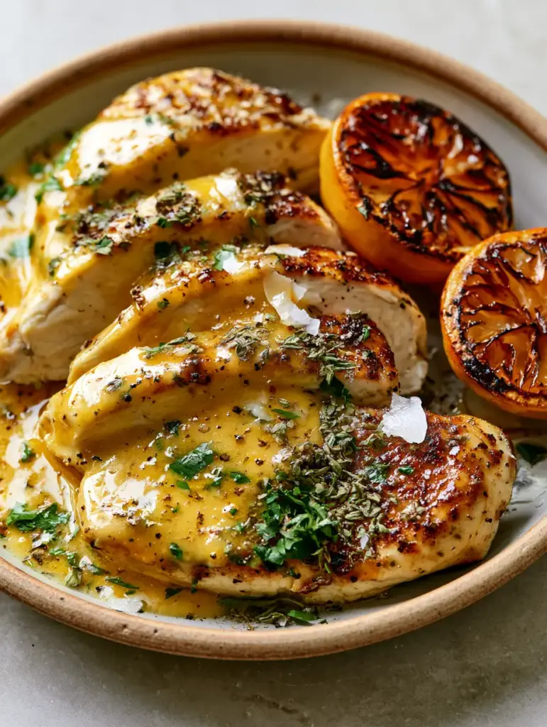 Ladolemono Chicken: The Ultimate Greek Lemon and Olive Oil Masterpiece 2 Close-up of seared chicken breast drizzled with thick yellow Ladolemono sauce and herbs.