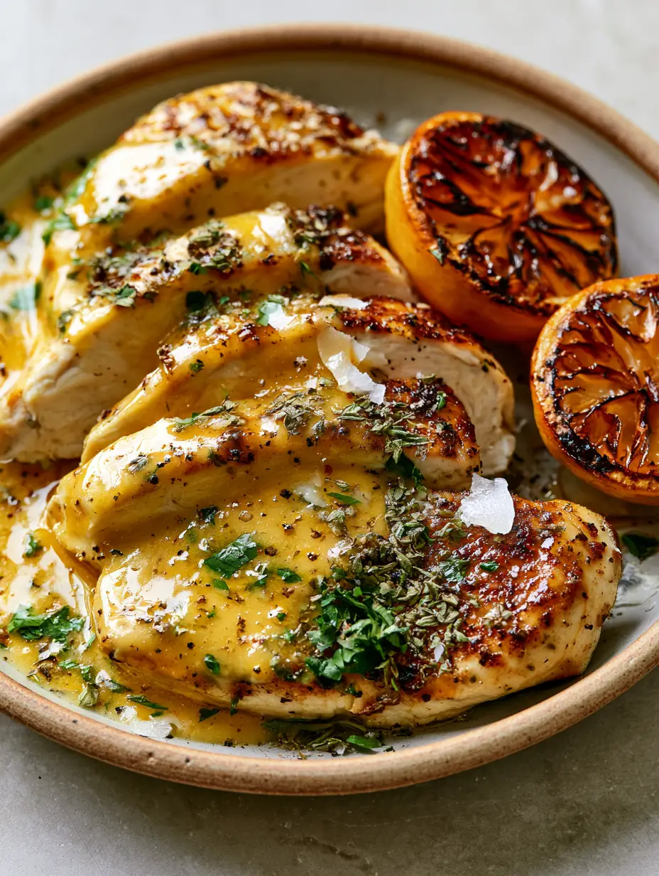 Ladolemono Chicken: The Ultimate Greek Lemon and Olive Oil Masterpiece 3 Close-up of seared chicken breast drizzled with thick yellow Ladolemono sauce and herbs.