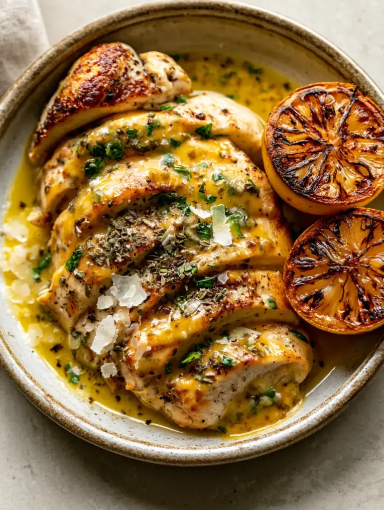 Ladolemono Chicken: The Ultimate Greek Lemon and Olive Oil Masterpiece 1 Succulent sliced chicken with charred lemon halves and flaky sea salt garnish.
