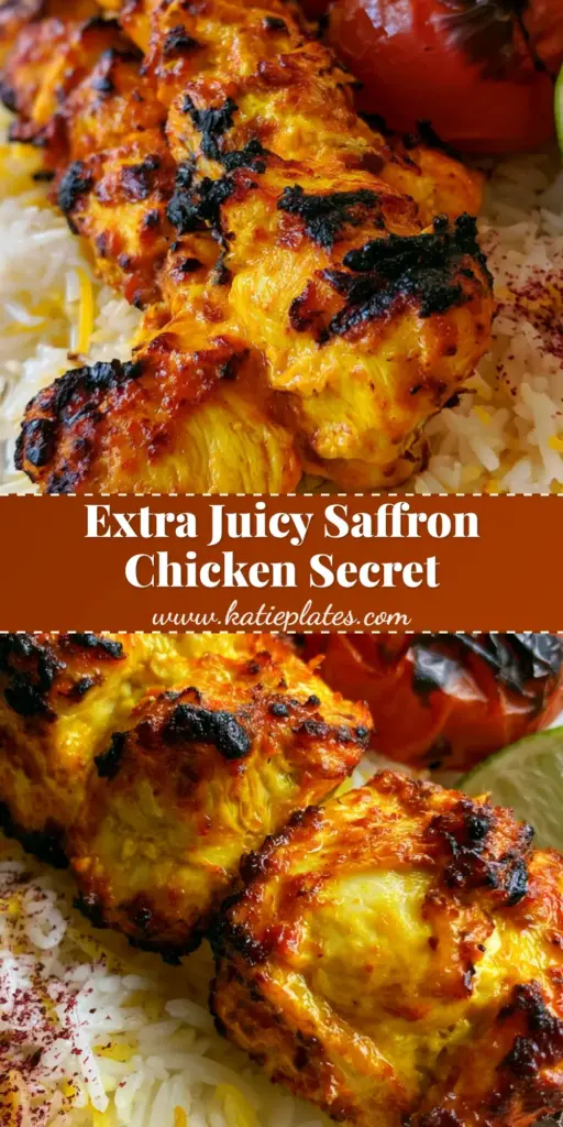 Joojeh Kebabs: The Ultimate Saffron-Infused Persian Grilled Chicken 4 A close-up shot of golden Joojeh Kebabs on a bed of saffron rice with charred tomatoes and sumac. (Joojeh Kebabs)