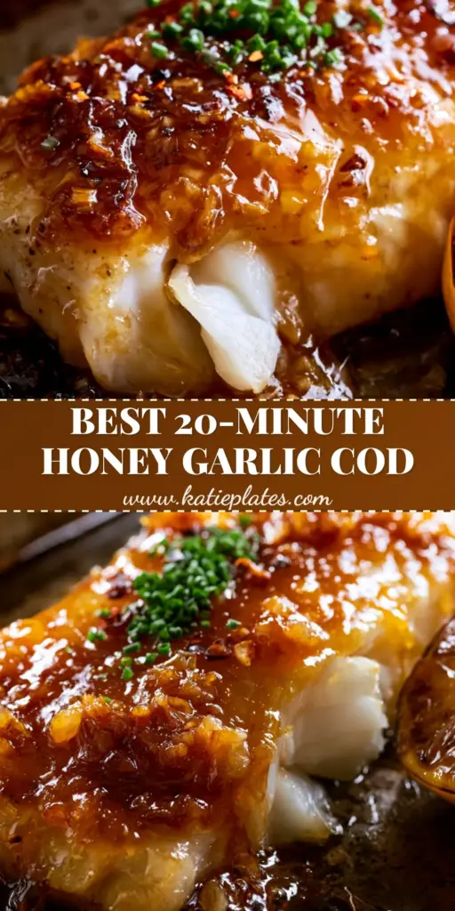 Baked Honey Garlic Cod: The Ultimate Sticky Sheet Pan Seafood Dinner 4 A close-up of baked honey garlic cod with a bubbling amber glaze, toasted garlic bits, and charred lemon slices on a dark sheet pan.
