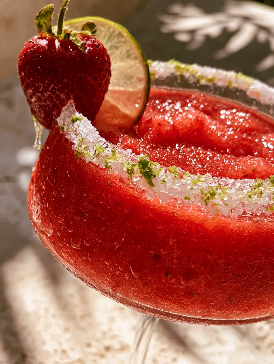 Macro shot of a crimson-red Strawberry Lime Mocktail Margarita showing velvety fruit slushy texture and ice crystals. (Strawberry Lime Mocktail Margarita)