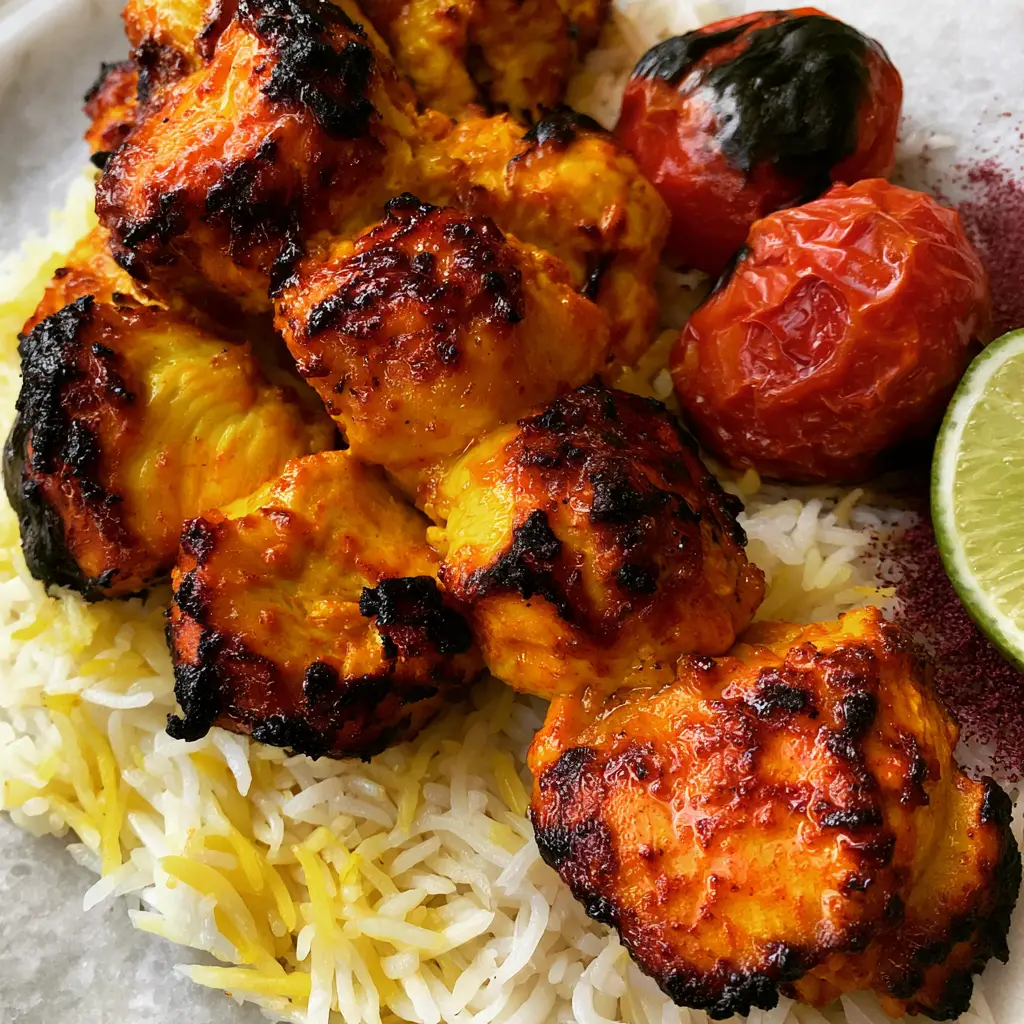 Joojeh Kebabs: The Ultimate Saffron-Infused Persian Grilled Chicken 2 Macro handheld photo of authentic Persian Joojeh Kebabs with vibrant golden-orange yogurt marinade and dark charred edges on a light stone surface. (Joojeh Kebabs)