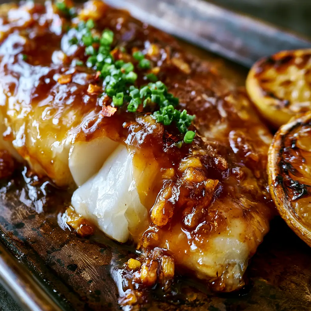Baked Honey Garlic Cod: The Ultimate Sticky Sheet Pan Seafood Dinner 2 Extreme macro of a thick succulent baked honey garlic cod fillet showing moist pearly white flakes and a sticky amber glaze.