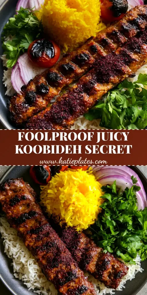 Kabob Koobideh: The Ultimate Guide to Juicy Persian Ground Beef Skewers 3 A professional top-down shot of Kabob Koobideh skewers with a wavy texture, served on a bed of fluffy basmati and saffron rice with charred tomatoes.