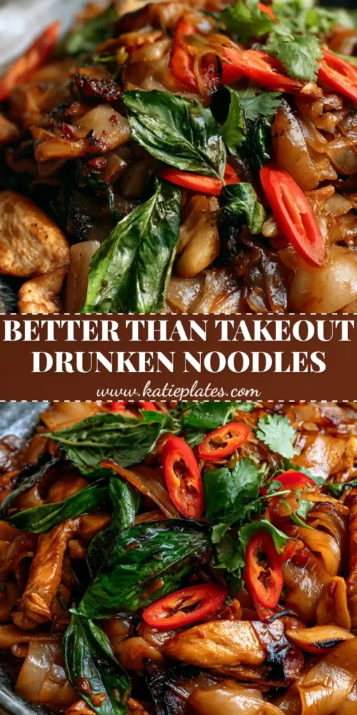 A steaming plate of Thai Drunken Noodles with charred wide rice noodles, seared chicken, and wilted Thai basil in a rustic dark bowl. (Thai Drunken Noodles)