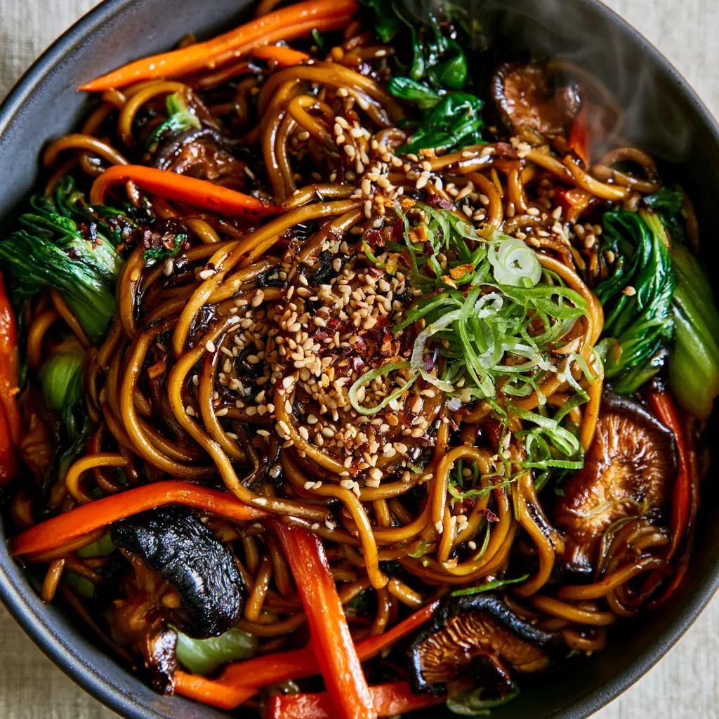 Chinese recipes: The Ultimate Glossy Vegetable Lo Mein with Seared Shiitakes 2 Close up of tangled Lo Mein noodles with steam rising, garnished with sesame seeds and scallion curls. (Chinese recipes)