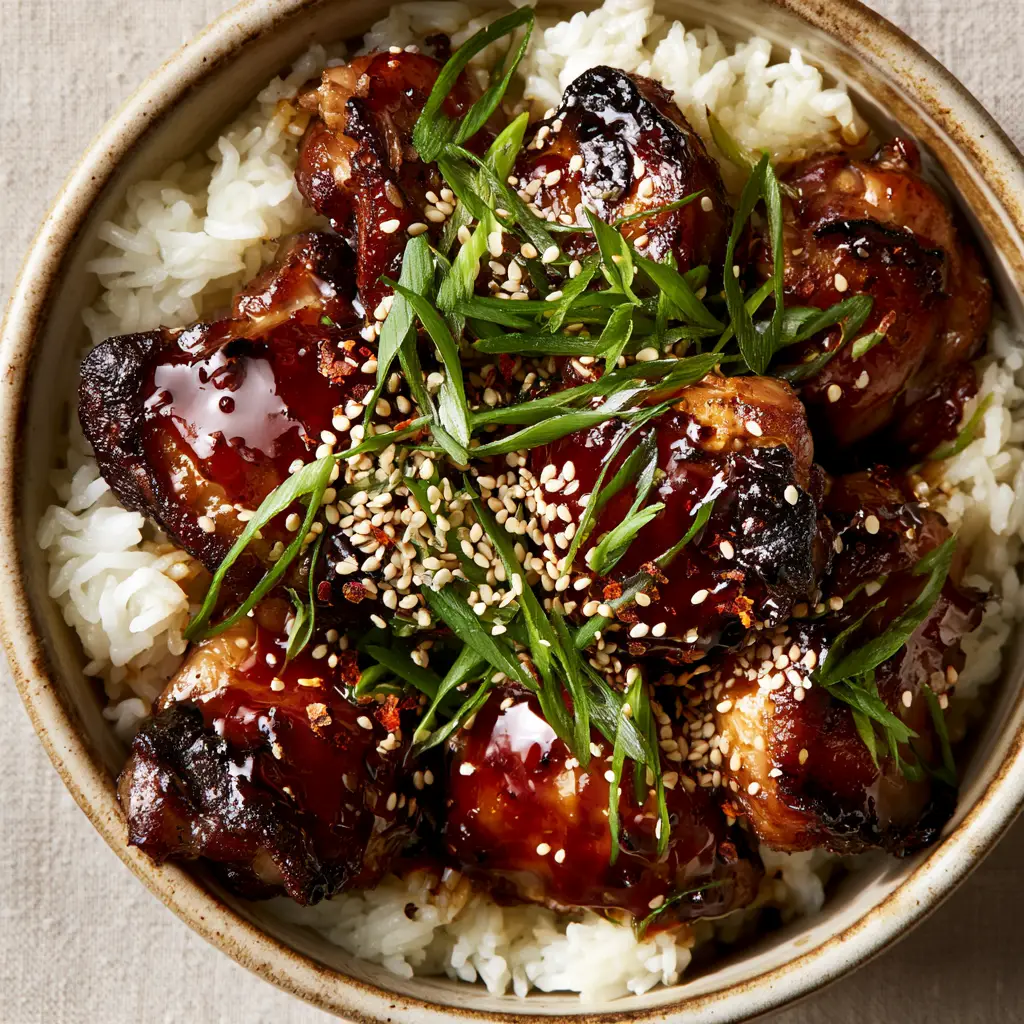 Teriyaki Chicken: The Ultimate Glossy Pan-Seared Thighs over Jasmine Rice 1 Close up of oblique-cut scallions and crushed red pepper flakes atop seared teriyaki chicken pieces.