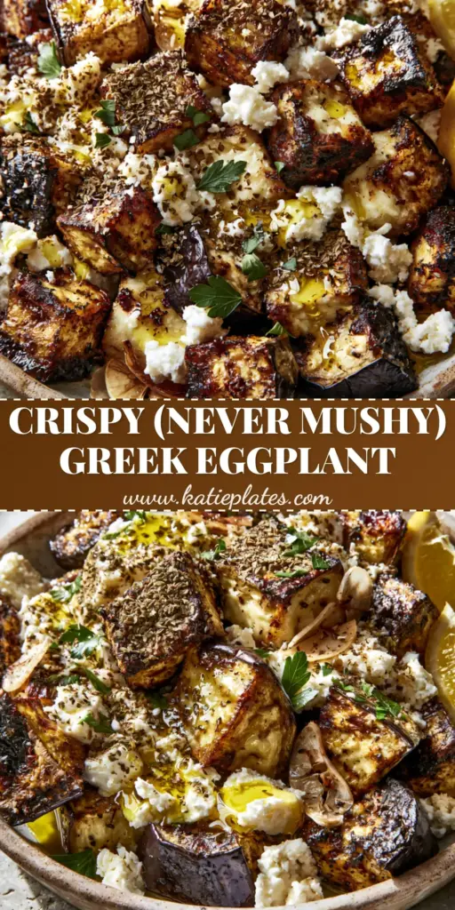 Greek style roasted eggplant with Feta and Roasted Garlic 4 Close-up of Greek style roasted eggplant cubes with charred edges, white feta crumbles, and lemon wedges on a rustic platter.