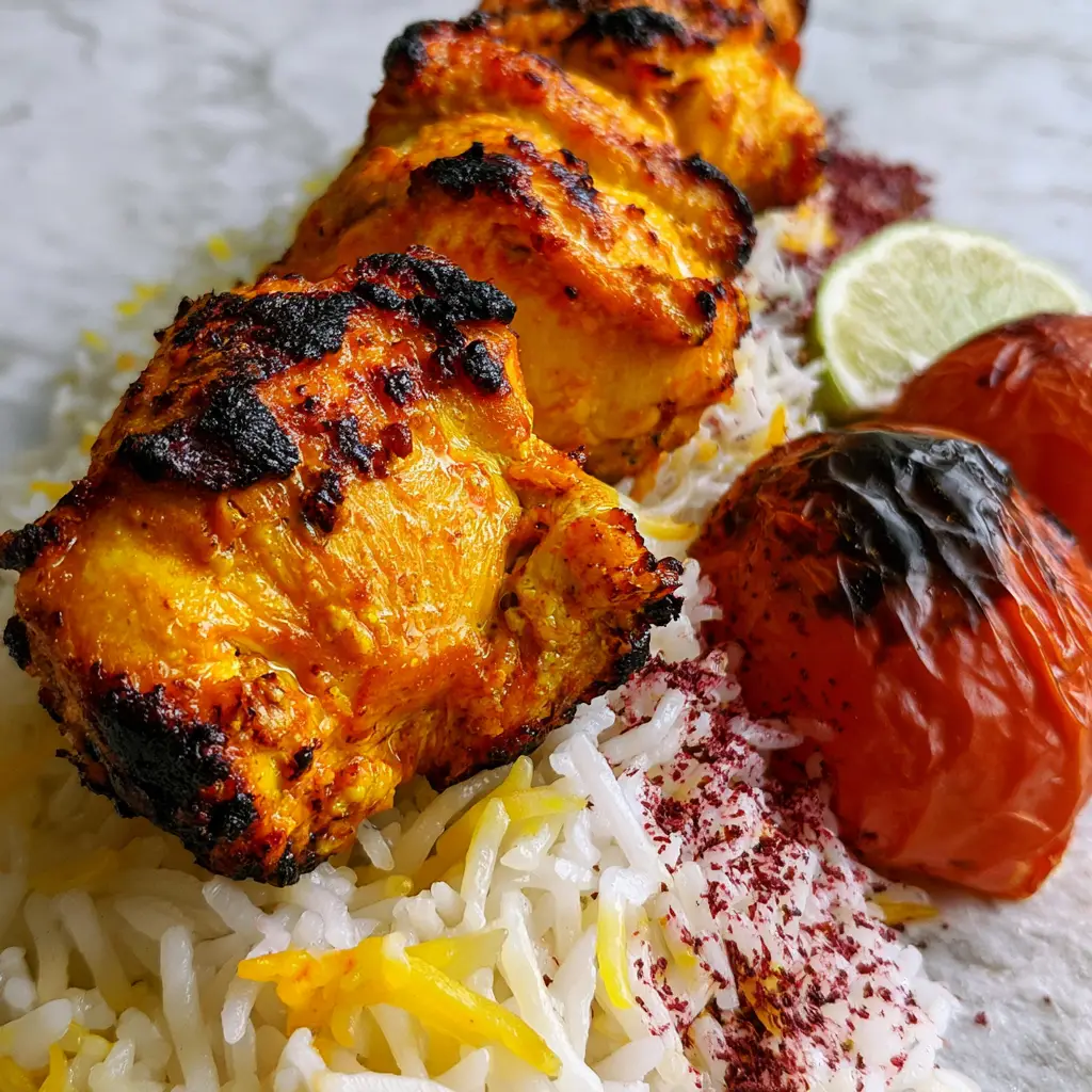 Joojeh Kebabs: The Ultimate Saffron-Infused Persian Grilled Chicken 1 A macro shot of glistening saffron-marinated chicken chunks laid over steaming Basmati rice with yellow saffron grains and a fresh lime wedge. (Joojeh Kebabs)