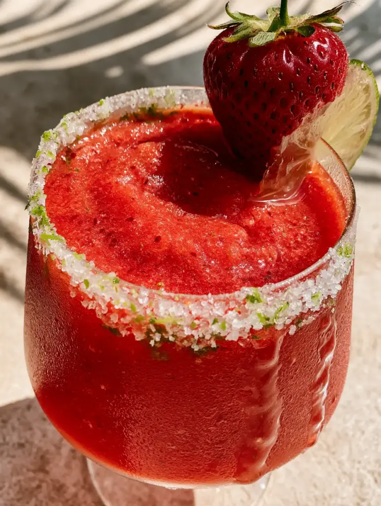 Handheld smartphone photo aesthetic of a frozen Strawberry Lime Mocktail Margarita on a stone surface with palm leaf shadows.