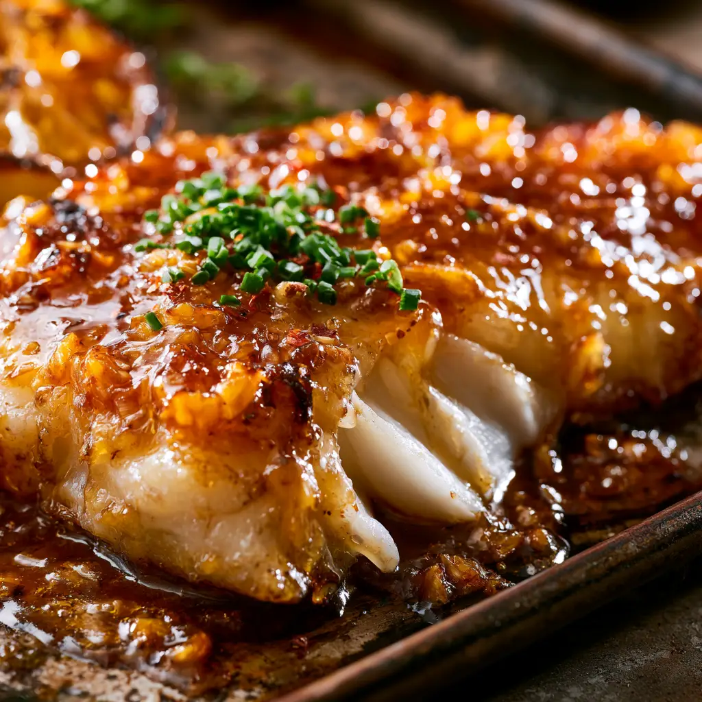 Baked Honey Garlic Cod: The Ultimate Sticky Sheet Pan Seafood Dinner 1 Baked honey garlic cod garnished with micro-chives and red pepper flakes next to a caramelized charred lemon half.