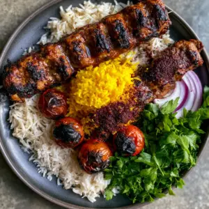Smartphone photo of two long flat metal skewers of Kabob Koobideh on fluffy basmati rice with a yellow saffron rice center and blistered tomatoes.