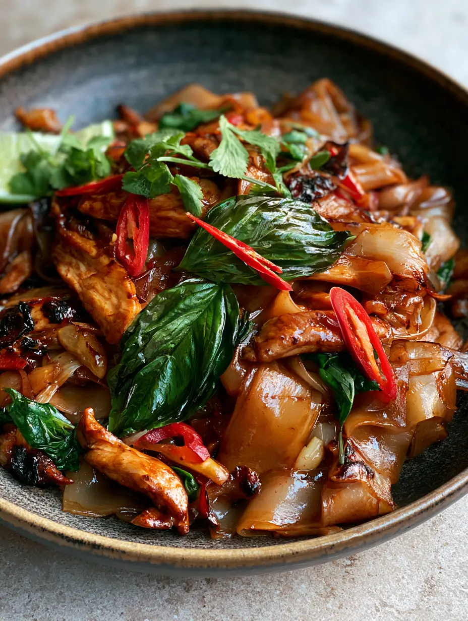 Close-up of glossy charred rice noodles and seared chicken with red bird's eye chilies. (Thai Drunken Noodles)