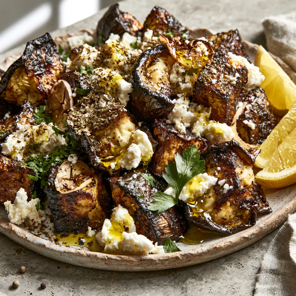 Greek style roasted eggplant with Feta and Roasted Garlic 2 Overhead view of roasted eggplant cubes with roasted garlic slices and fresh parsley. (Greek style roasted eggplant)