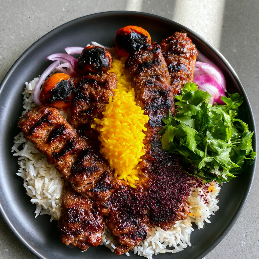 Kabob Koobideh: The Ultimate Guide to Juicy Persian Ground Beef Skewers 1 Close up of charred ground beef skewers with wavy finger-pressed texture and a dusting of burgundy sumac powder.