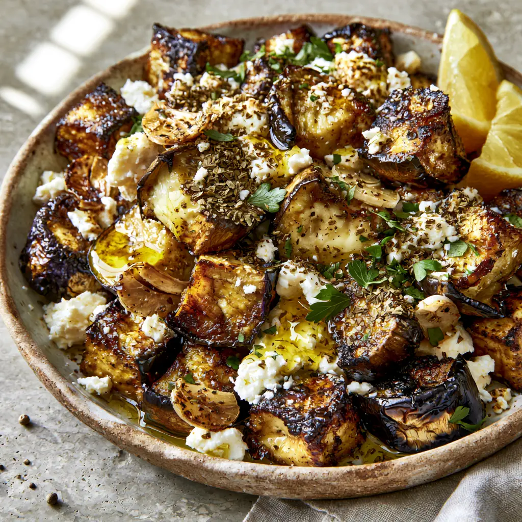 Greek style roasted eggplant with Feta and Roasted Garlic 1 A rustic platter of Greek style roasted eggplant featuring glistening olive oil and lemon wedges.