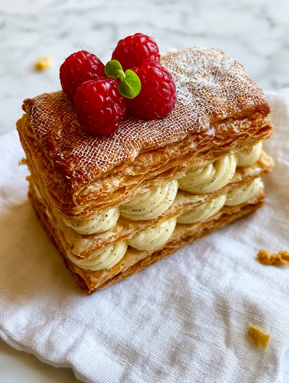 French Desserts: The Ultimate Caramelized Raspberry Mille-feuille 4 Smartphone photo of a three-layered Mille-feuille on white linen showing golden puff pastry and vanilla bean cream. (French desserts)