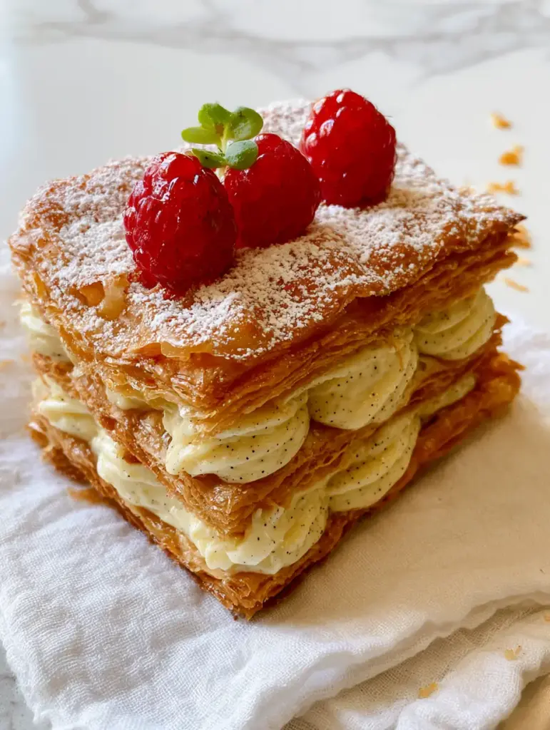 French Desserts: The Ultimate Caramelized Raspberry Mille-feuille 1 Close up of caramelized puff pastry layers with raspberries and micro-mint garnish.