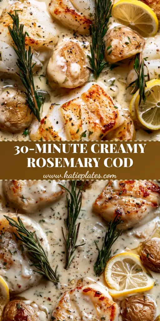 A top-down shot of cod and potatoes in rosemary cream sauce in a black skillet with lemon slices and rosemary sprigs.