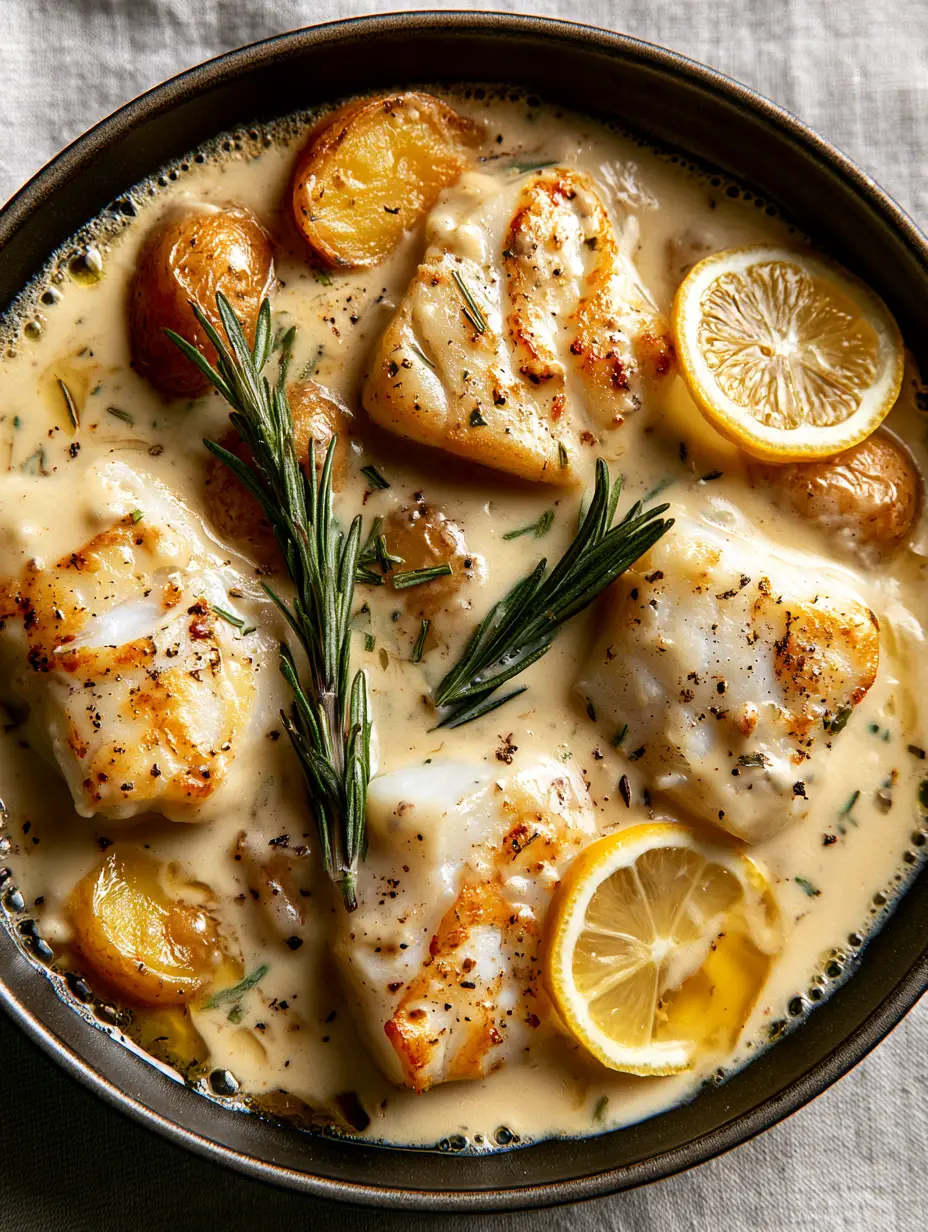 Close up of seared white cod fillets and gold potato medallions in a glossy ivory rosemary cream sauce.