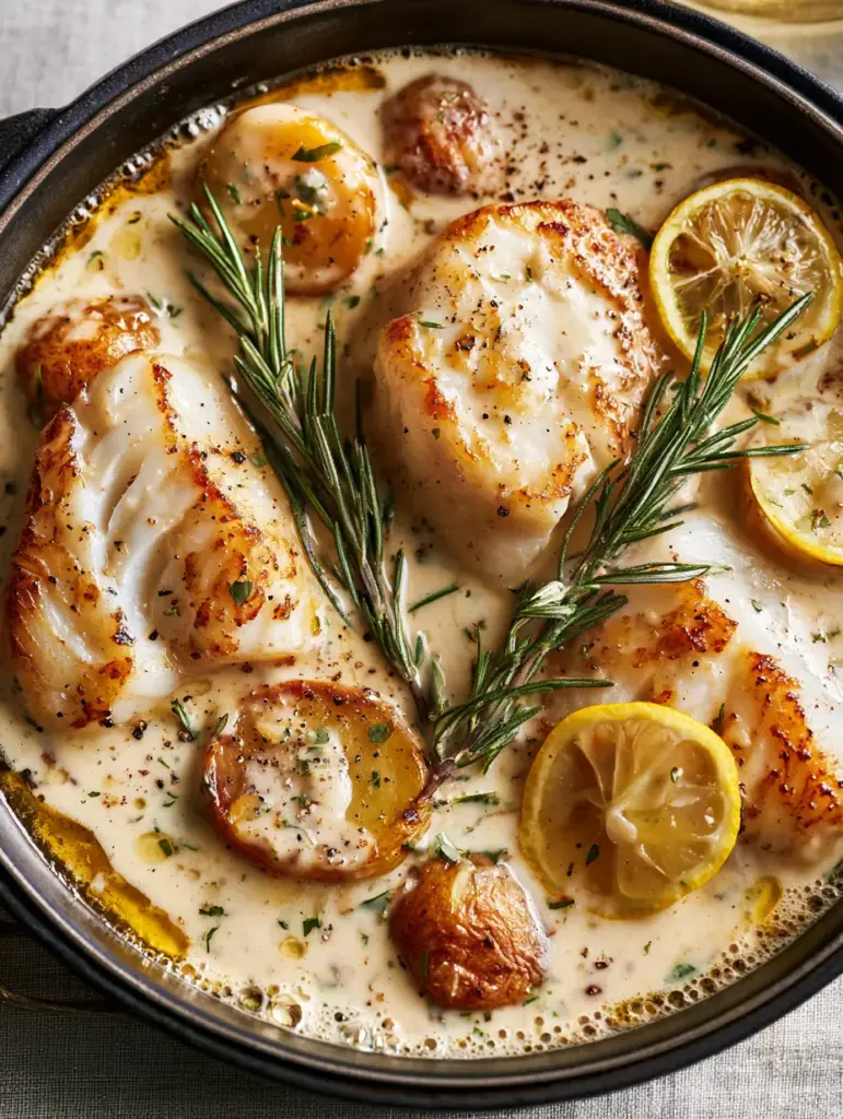 Rustic black skillet containing cod and potatoes in rosemary cream sauce garnished with lemon and fresh herbs.