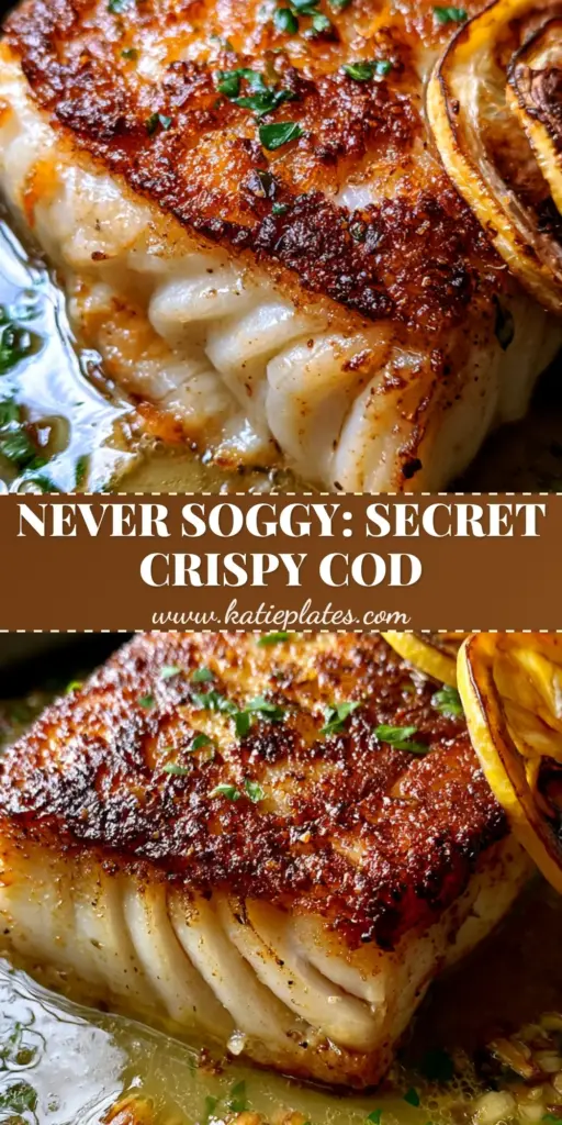 A professional Pinterest pin showing a thick seared cod fillet in a cast iron skillet with charred lemons and a glossy butter sauce. (Crispy Cod with Lemon Butter Sauce)
