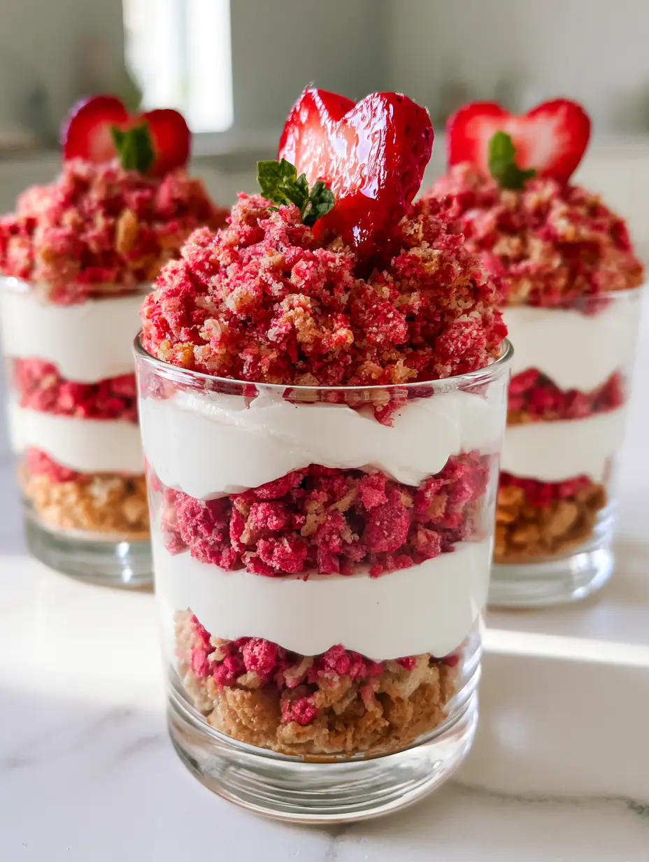 Close-up of strawberry crunch dessert cups showing the gritty cookie texture and velvety cream layers. (strawberry crunch dessert cups)