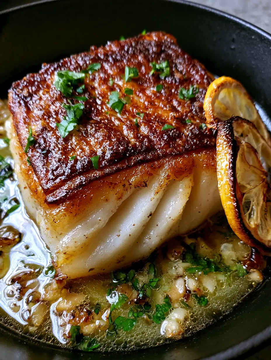 Extreme close-up of a thick cod fillet with a deep golden-brown seared crust resting in bubbling lemon garlic butter. (Crispy Cod with Lemon Butter Sauce)